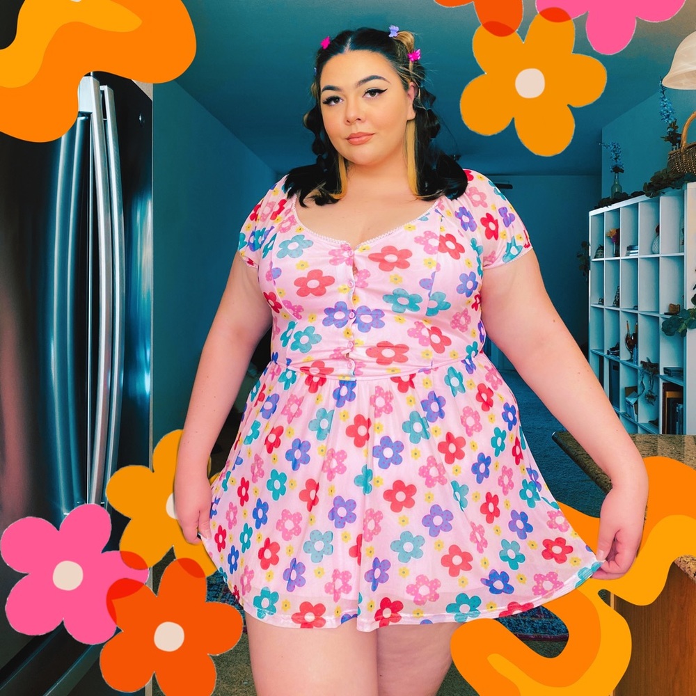 🌸🌼Pink groovy floral flower mini dress Y2K